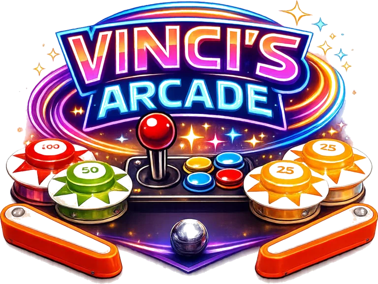 Vinci's Arcade Logo mit Arcade-Maschine, Joystick und Glücksrädern