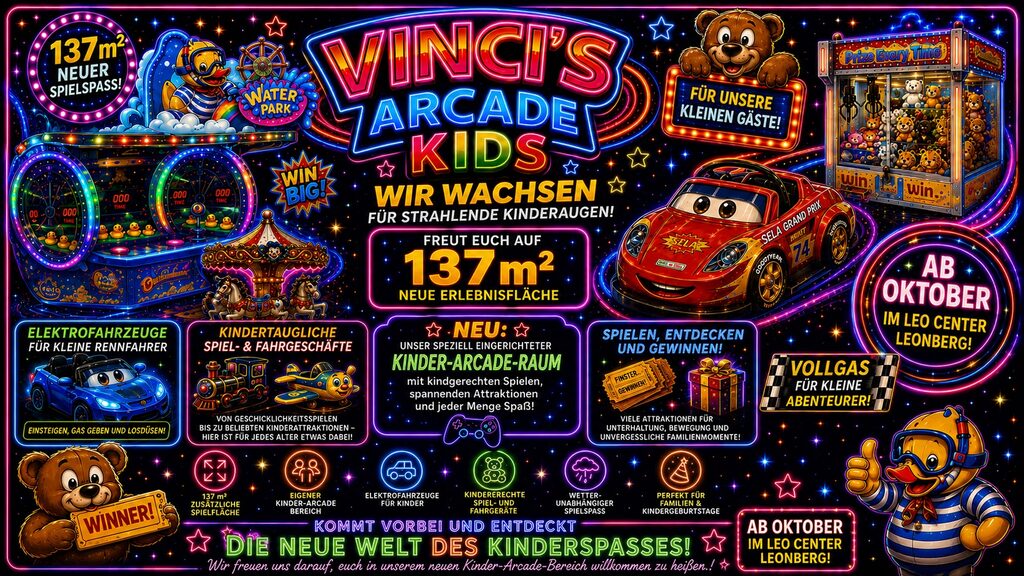 Vinci's Arcade Kids – Ankündigung der 137m² neuen Erlebnisfläche im Leo Center Leonberg mit Elektrofahrzeugen, Wasserattraktion und Kinder-Arcade-Raum, Eröffnung im Oktober