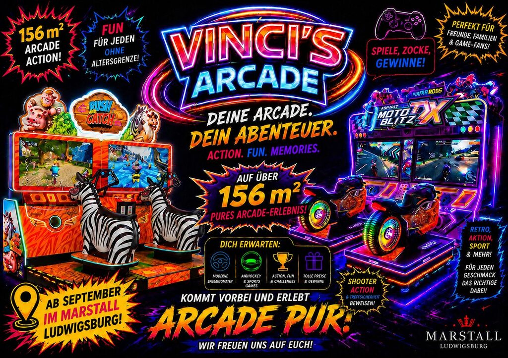 Vinci's Arcade Ludwigsburg – Ankündigung der neuen Arcade auf über 156 m² im Marstall Ludwigsburg, Eröffnung ab September 2026